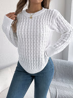 Women Casual Solid Color Cable Knit Lantern Sleeve Irregular Pullover Sweater