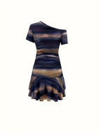 Elegant Asymmetric Single Shoulder Marble Print Dress