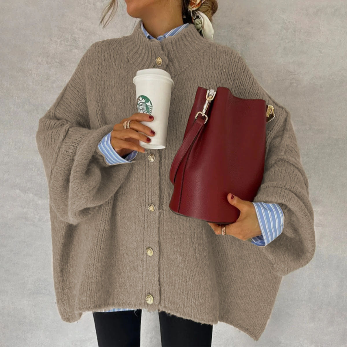Autumn Winter Solid-Color Casual Knitted Cardigan With Buttons And Oversized Sleeves