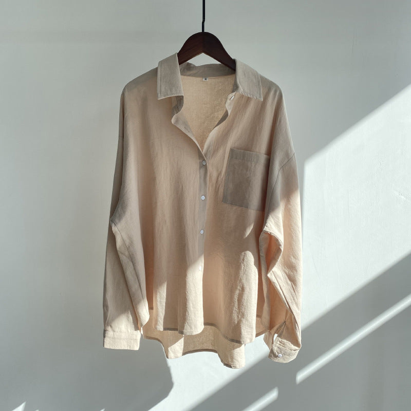 European And American-style Lapel Solid-color Cotton-linen Top Loose-fitting