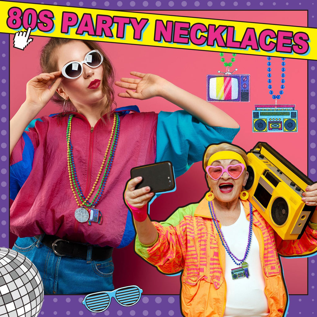 Ecally 100 Pcs 80s Beaded Necklaces – Neon Glow Disco Party Decor & Favors