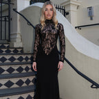 Women's Solid-Color High-Neck Hollow-Out Sheer Lace Bodycon Long-Sleeve Dress