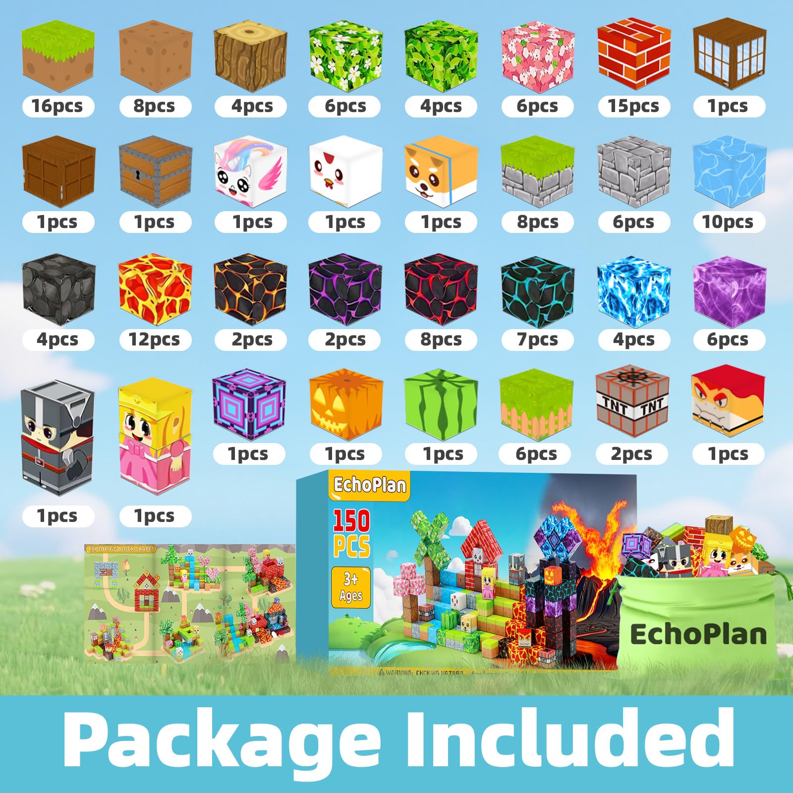 EchoPlan 150PCS Magnetic Blocks - Large 1-Inch Magnetic Building Toys for Kids Aged 3-10 | STEM & Sensory Play