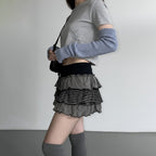 Contrast-color Striped Figure-flattering Layered Ruffle Cake Skirt