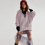 Waffle-knit Cardigan With Zipper Relaxed-fit Women's Hoodie