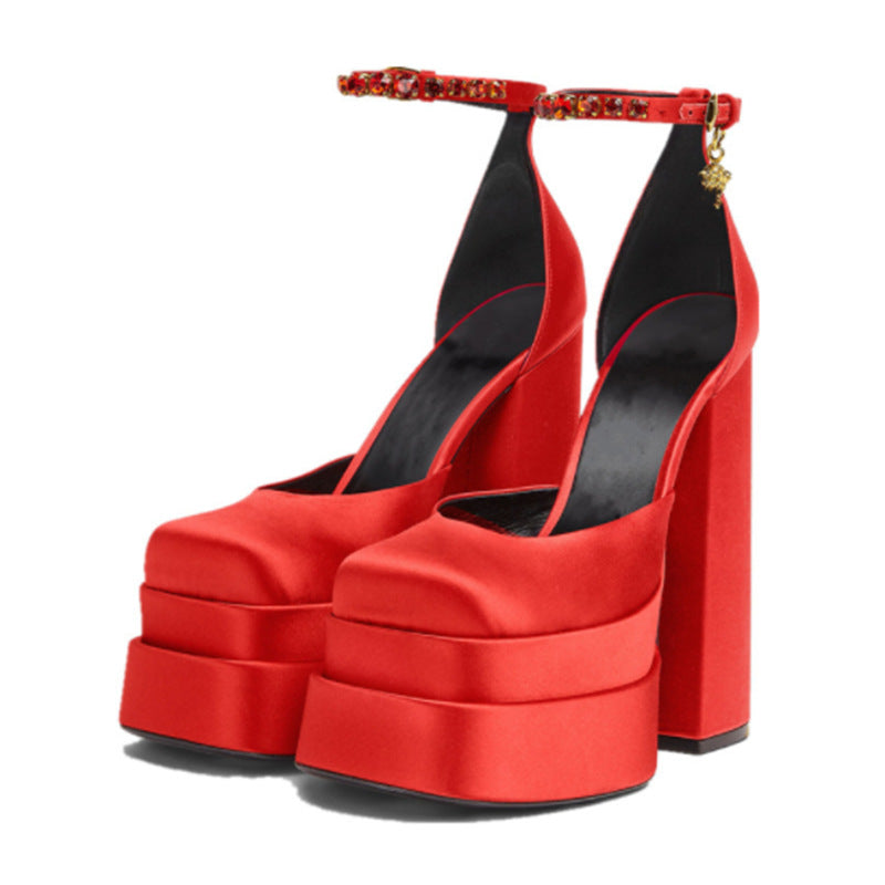 Super High Heel Platform Thick Heel Hollow Square Toe Satin Hate Sky High Baotou Plus Size Catwalk Sandals High Heels