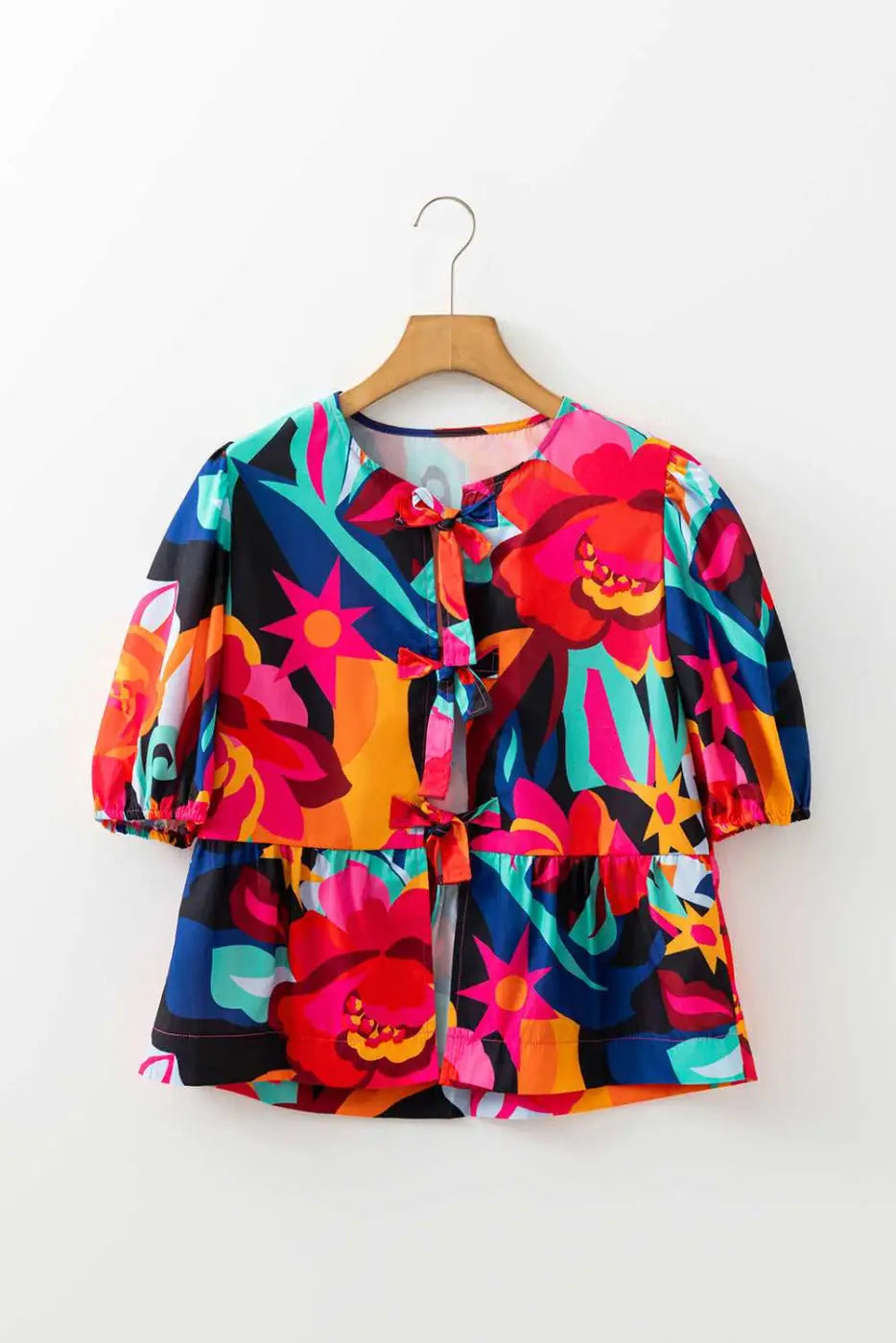 Red Abstract Floral Puff Sleeve Peplum Blouse Women UK
