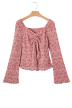 Pink Floral Lace Bell Sleeve Square Neck Blouse Women UK