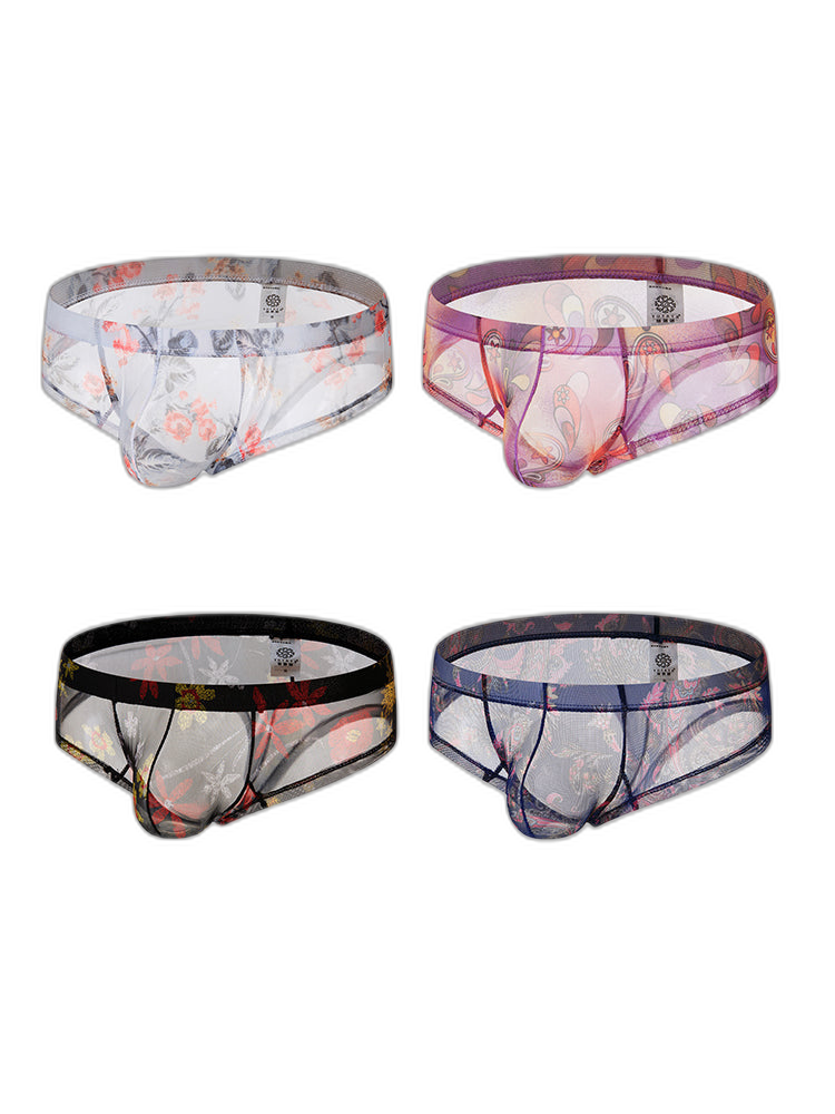 4-pack Men's Lace Print Sheer Mesh Bohemian Boxer Briefs