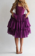 Square-neck Solid-color Wooden High-waist Flared Sleeveless Dress