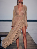 Champagne Deep V Pleated Dolman Sleeve Dress