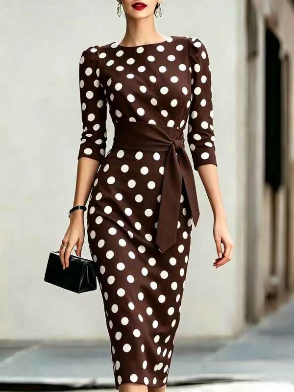 Retro Polka-dot Navy Blue Belted Waist-hugging Elegant Dress