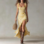 Retro Ruffle-Trimmed Sleeveless Slip Dress With High Side Slit