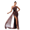 One-shoulder Diagonal Collar Leopard Sequined Evening Dress