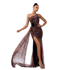 One-shoulder Diagonal Collar Leopard Sequined Evening Dress