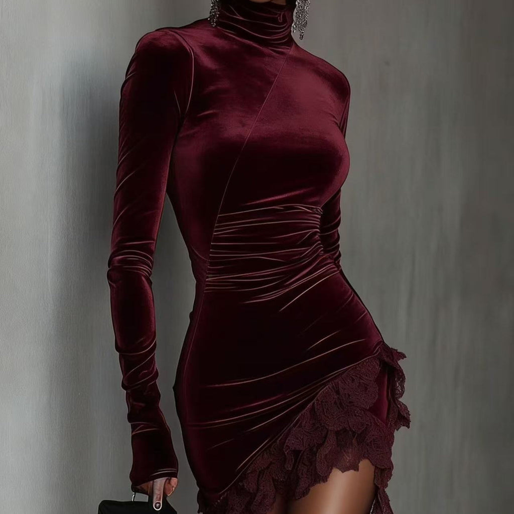 New European And American-style Velvet Turt Leneck Slim-fit Dress