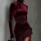 New European And American-style Velvet Turt Leneck Slim-fit Dress