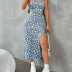 Elegant Floral Print Knit Slingback Collarless Polyester Dress for Women