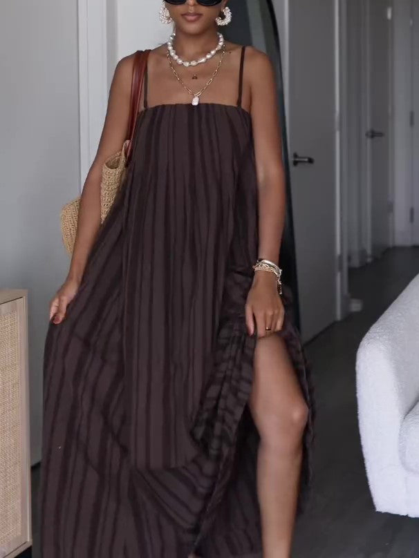 Brown Striped Suspender Pocket Loose Dress