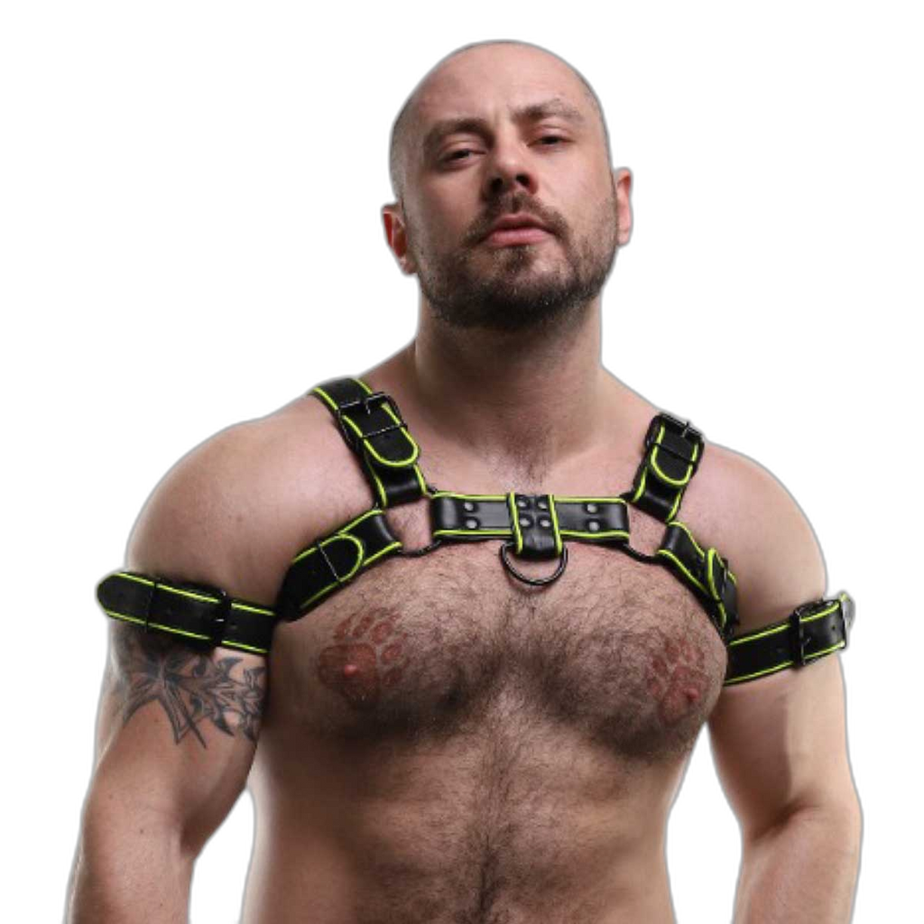 ruff GEAR Leather Bulldog Reflector Harness Black Neon Yellow