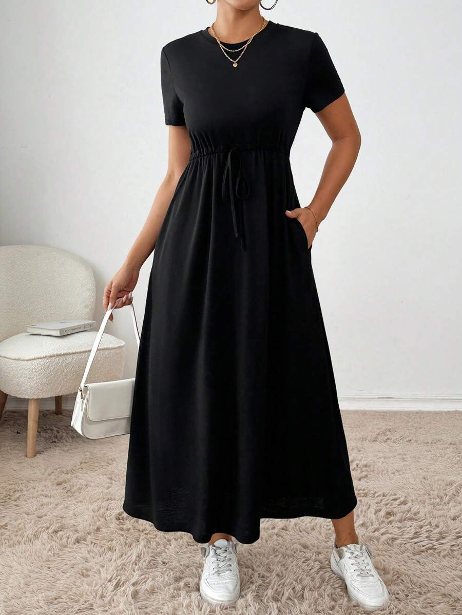Women's Solid-Colored Short-Sleeve Drawstring Dress With Side Pockets