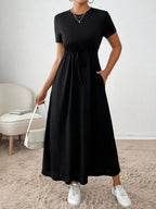 Women's Solid-Colored Short-Sleeve Drawstring Dress With Side Pockets