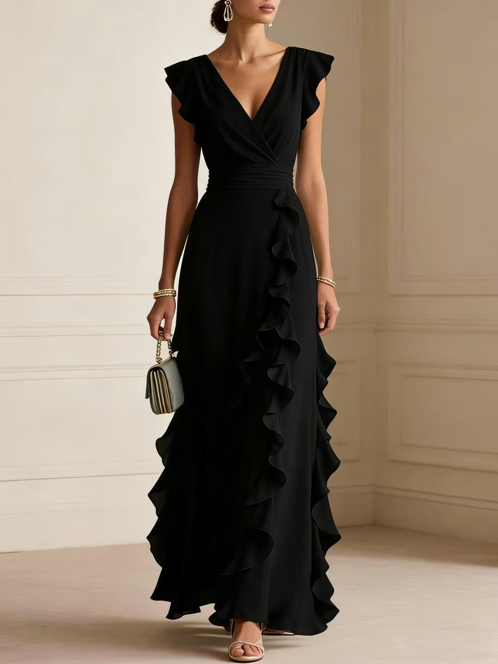 Solid Color Pleated Short Sleeves V-neck Dress