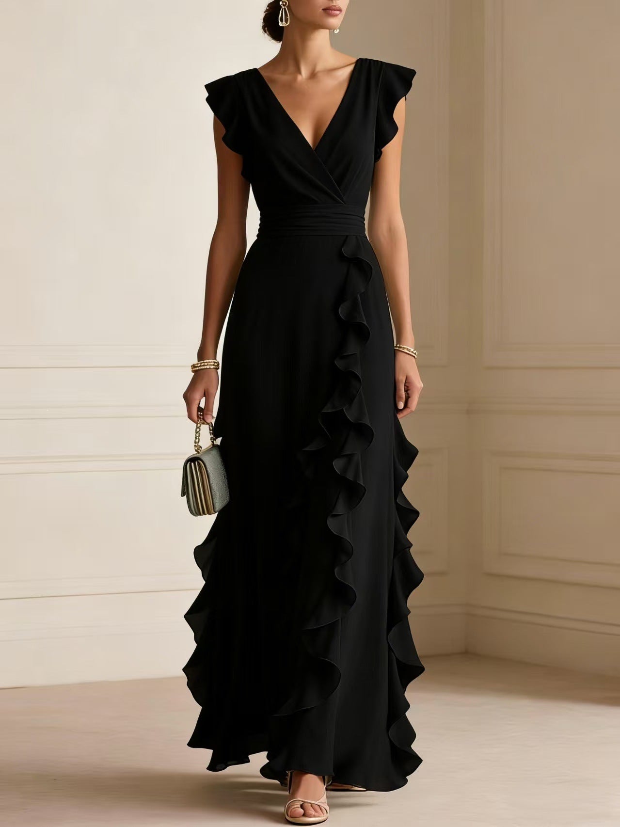 Solid Color Pleated Short Sleeves V-neck Dress