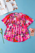 Pink Floral Smocked Short Sleeve Blouse Women UK