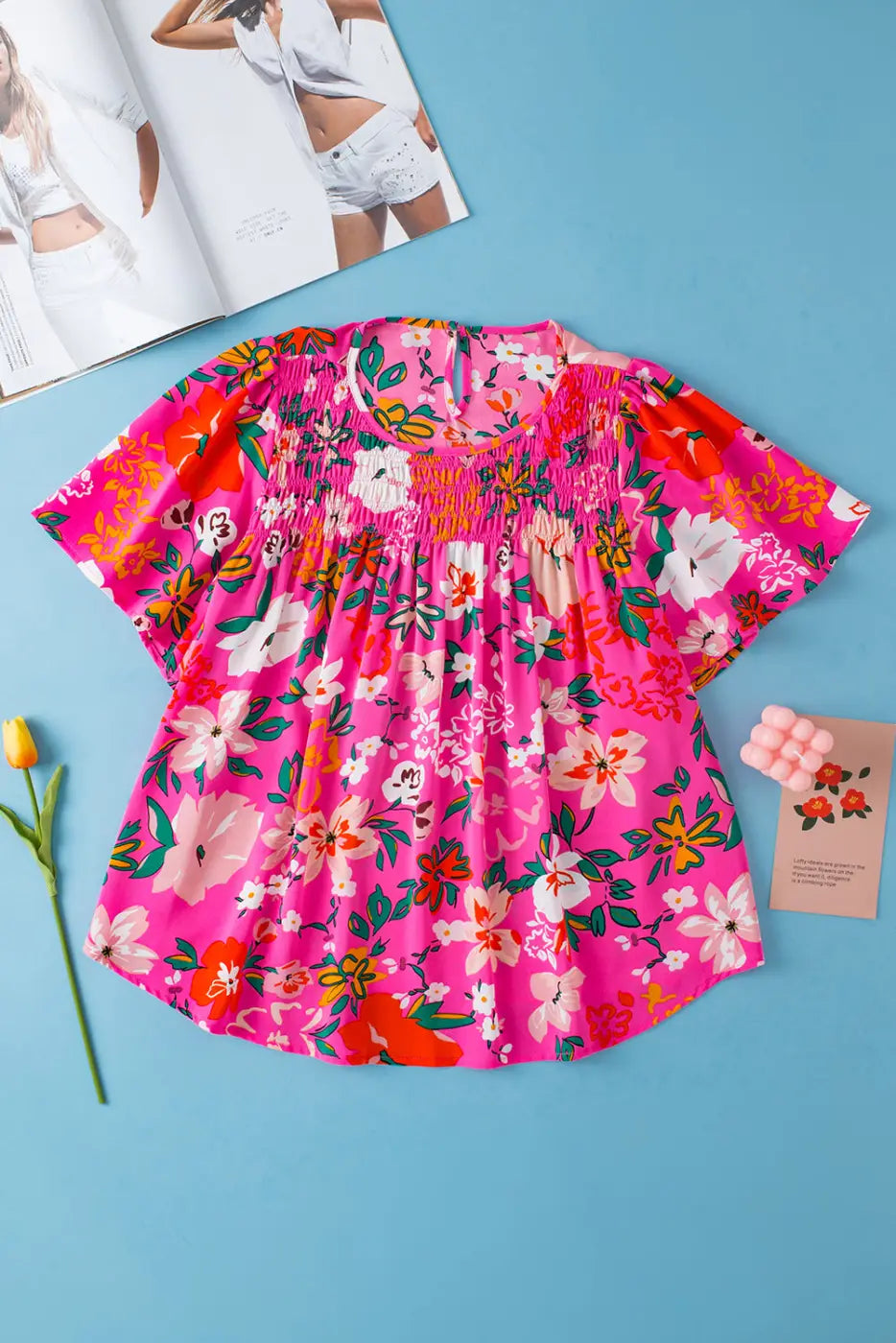 Pink Floral Smocked Short Sleeve Blouse Women UK