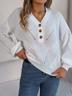 Women Hollow Out V-Neck Button Lantern Sleeve Pullover Sweater
