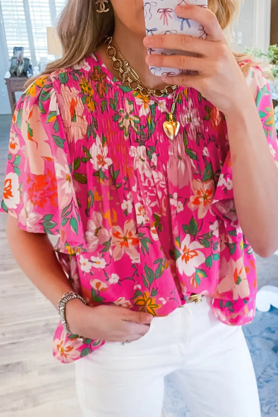 Pink Floral Smocked Short Sleeve Blouse Women UK