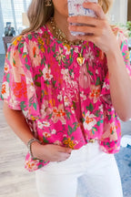 Pink Floral Smocked Short Sleeve Blouse Women UK