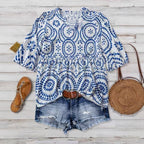 Women's Vintage-print Loose-fit V-neck Short-sleeve Blouse