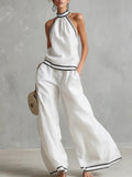 Womens Striped Patchwork Halterneck Sleeveless Wide-Leg Pants Set