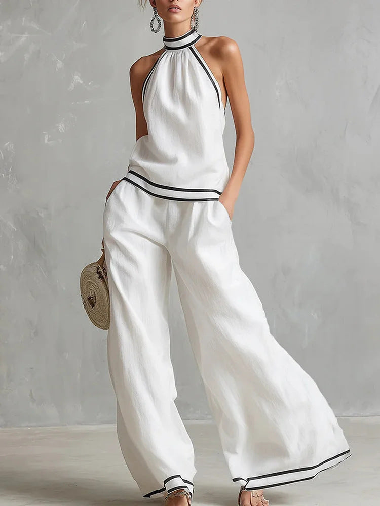 Womens Striped Patchwork Halterneck Sleeveless Wide-Leg Pants Set