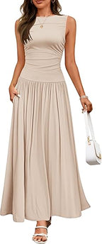 Women's Summer Sleeveless Maxi Dress Casual Round Neck Pleated Elegant Maxi Dress With Pockets