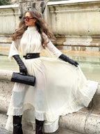White Long-sleeved Ruffled Tie Dress