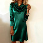 Women's Solid-Color Elegant Midi Long-Sleeve Boat-Neck Dress