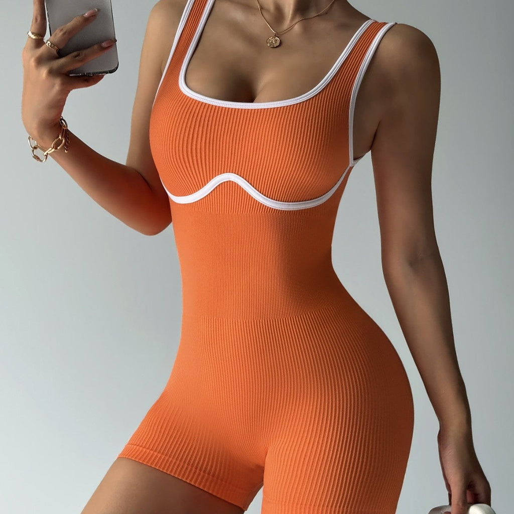 Elastic Contrast Color Yoga Jumpsuit – Seamless Tight-Fit Activewear for Women