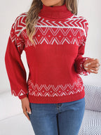 Women Ethnic Style Vintage Jacquard Lantern Sleeve Turtleneck Sweater