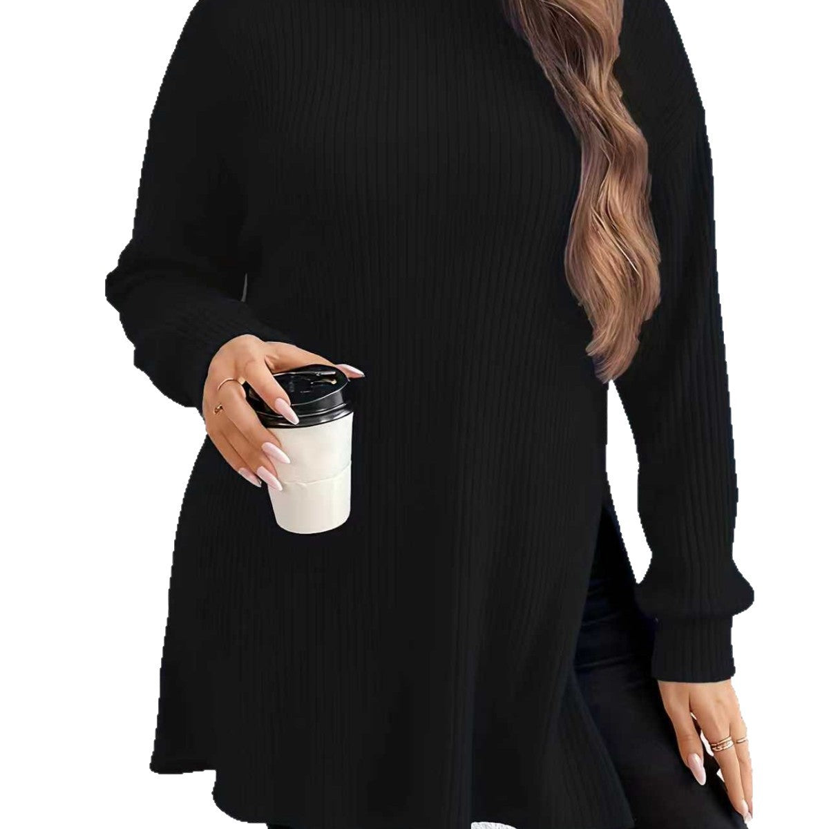 Women's Arrival Irregular Slit Turtleneck Plus Size Sweater Top