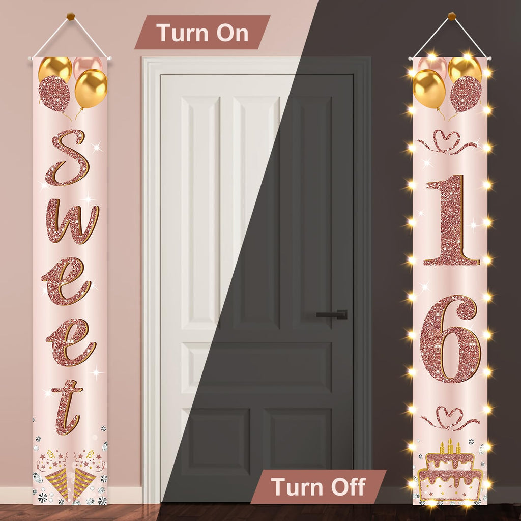 Eiurteao 16th Birthday Banner with LED Lights – Pink Rose Gold Sweet 16 Door Banner