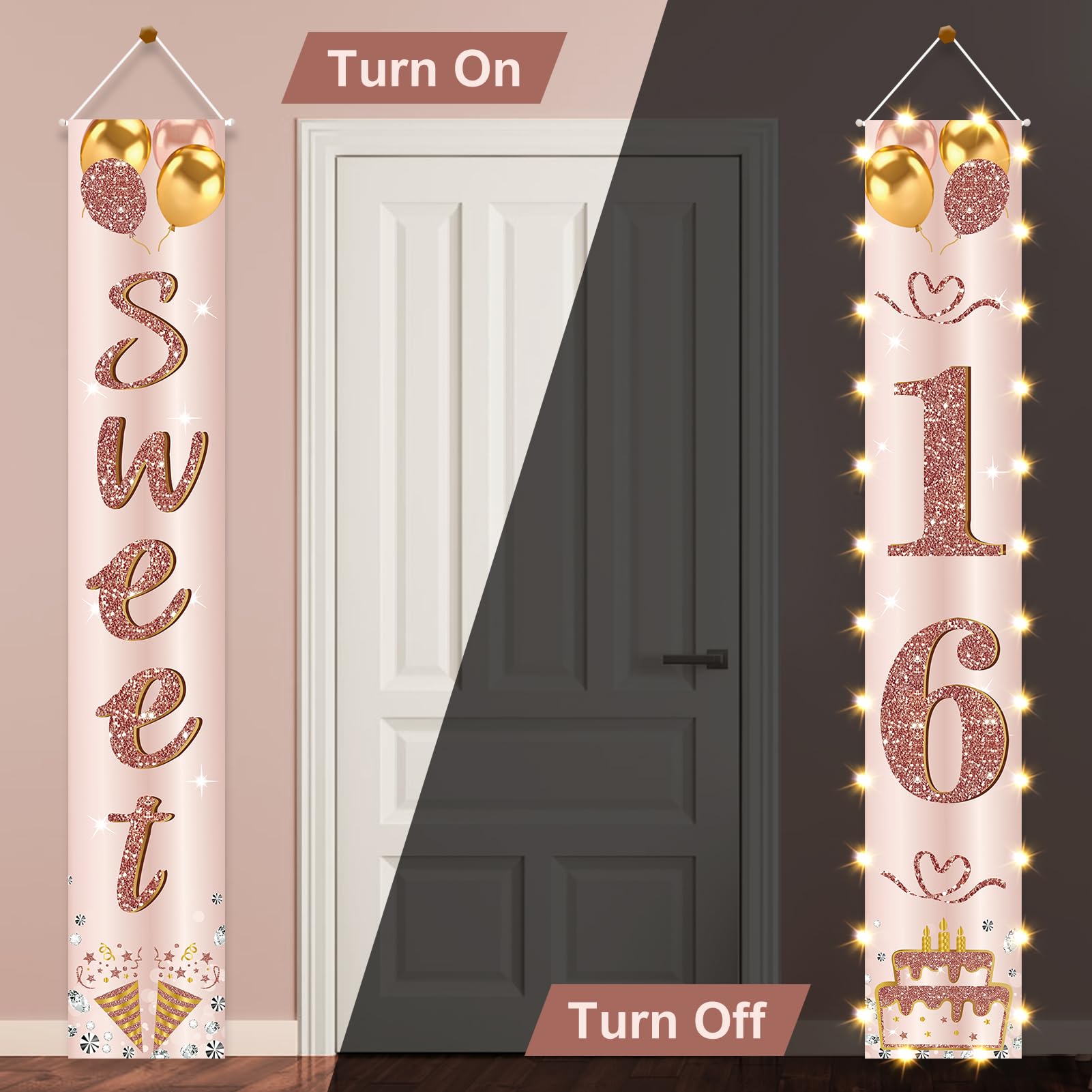 Eiurteao 16th Birthday Banner with LED Lights – Pink Rose Gold Sweet 16 Door Banner