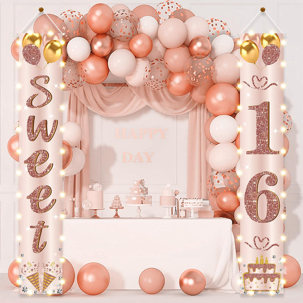 Eiurteao 16th Birthday Banner with LED Lights – Pink Rose Gold Sweet 16 Door Banner