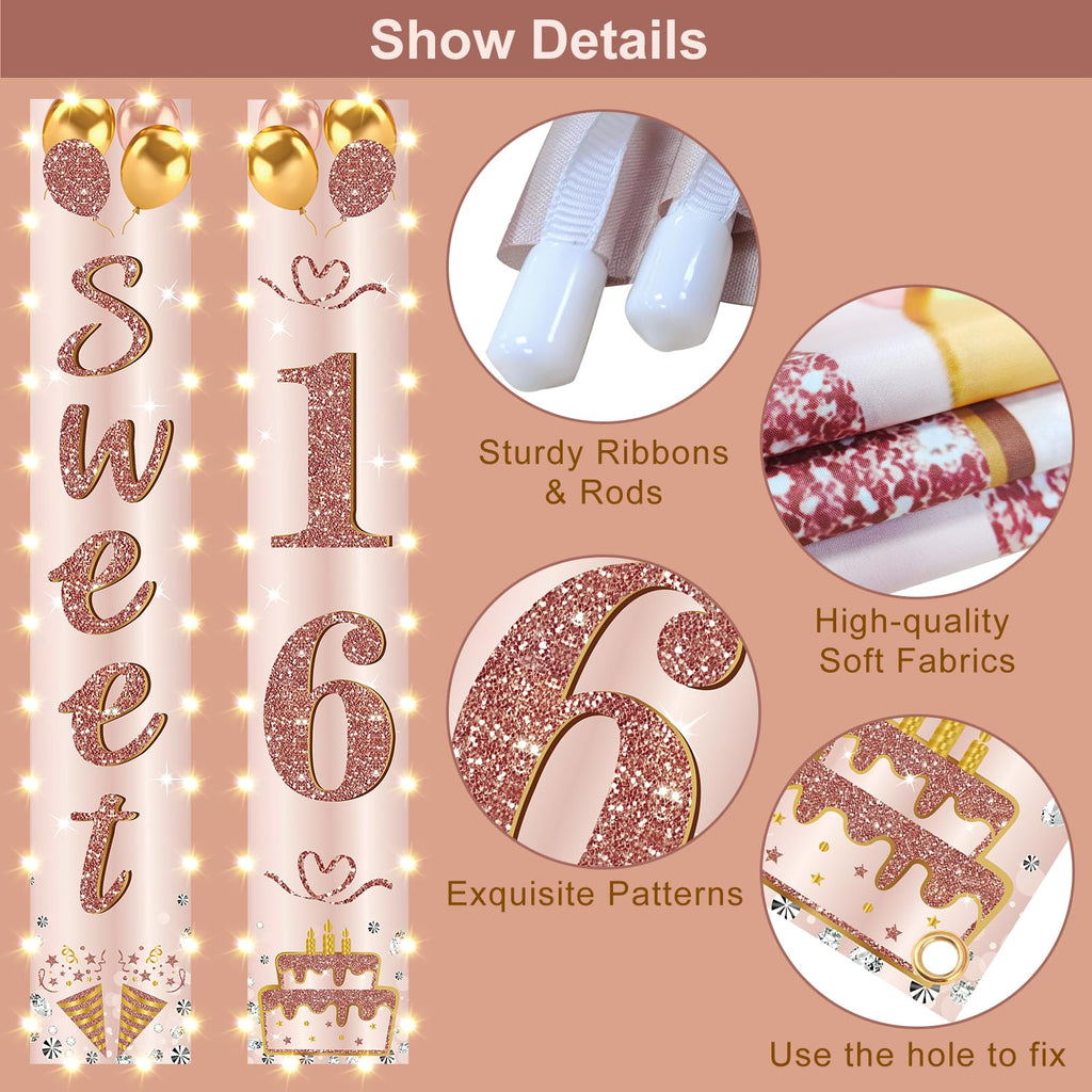 Eiurteao 16th Birthday Banner with LED Lights – Pink Rose Gold Sweet 16 Door Banner