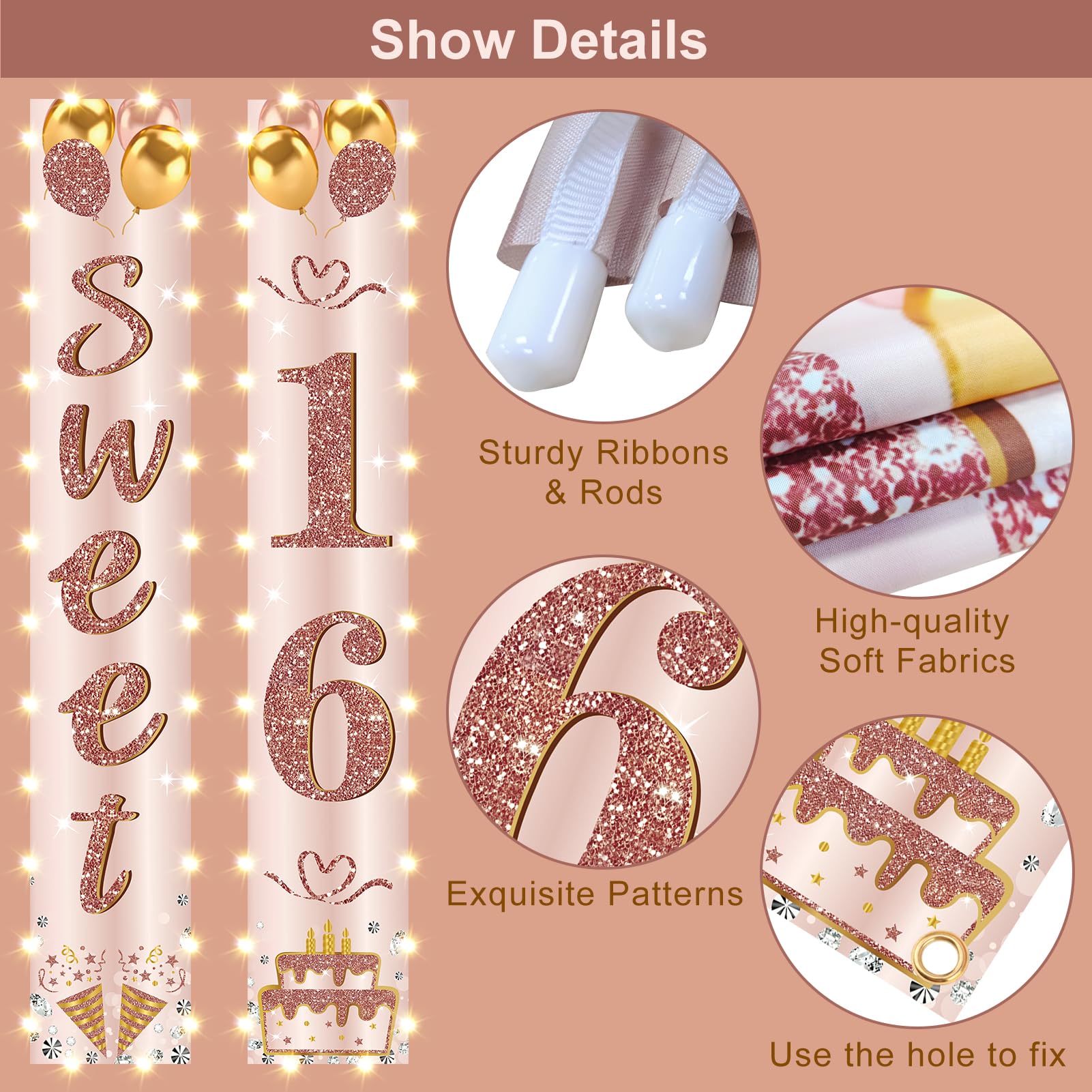 Eiurteao 16th Birthday Banner with LED Lights – Pink Rose Gold Sweet 16 Door Banner