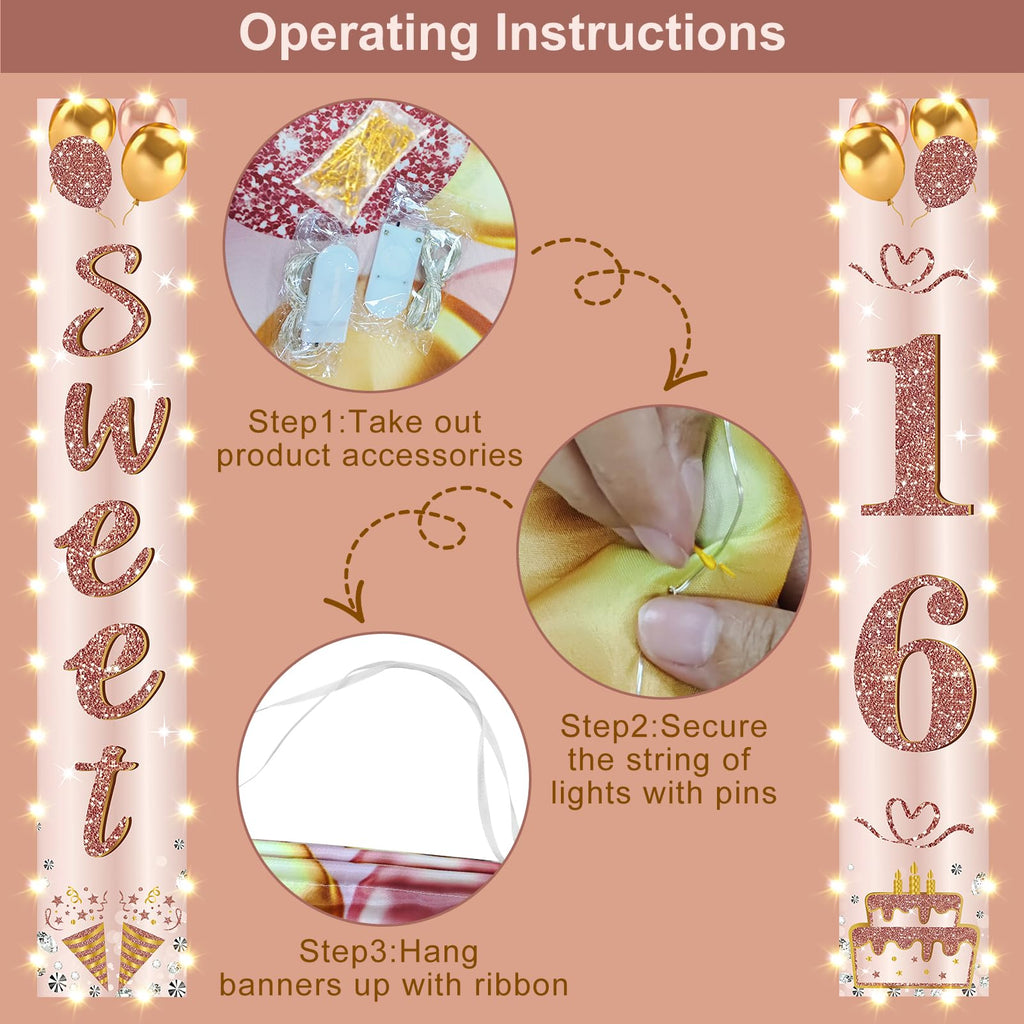 Eiurteao 16th Birthday Banner with LED Lights – Pink Rose Gold Sweet 16 Door Banner