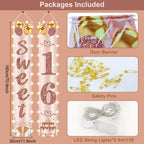 Eiurteao 16th Birthday Banner with LED Lights – Pink Rose Gold Sweet 16 Door Banner