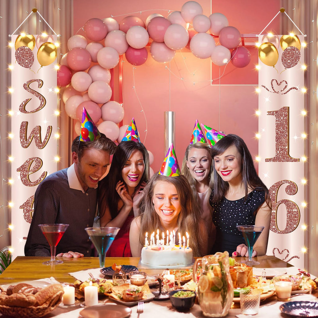 Eiurteao 16th Birthday Banner with LED Lights – Pink Rose Gold Sweet 16 Door Banner